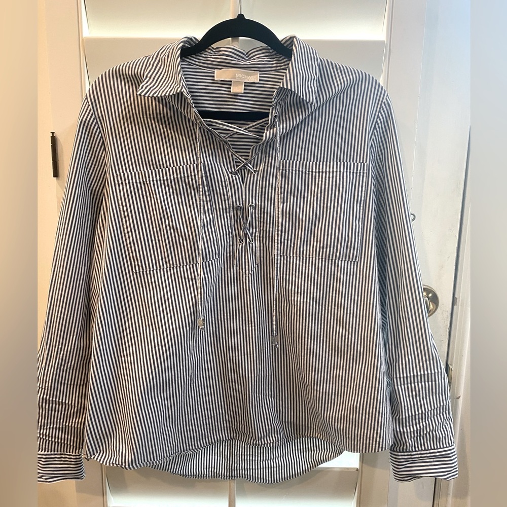 Michael Kors Long Sleeve Blue and White Striped Top Size L